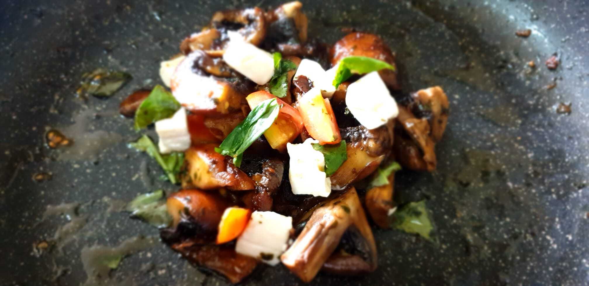 garlic mushrooms with asparagus, cherry tomatoes,basil, and cream cheese
